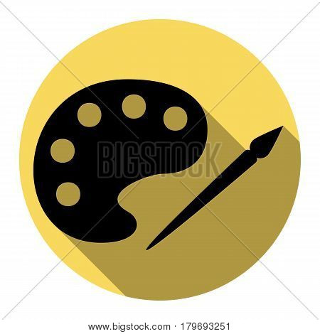 Palette and paint brush sign. Vector. Flat black icon with flat shadow on royal yellow circle with white background. Isolated.