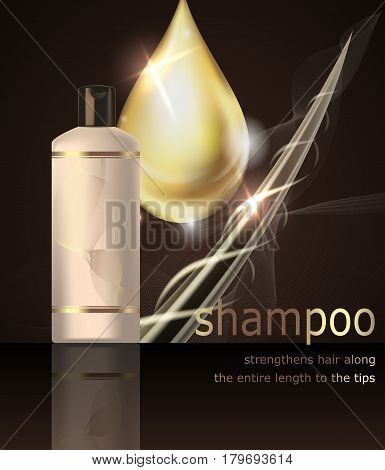 Digital vector shampoo strengthens hair mockup oon a dark background with your brand Realistic 3d style Vector template