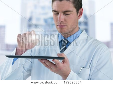 Digital composite of Man in lab coat with device and white graph with flare against blurry building