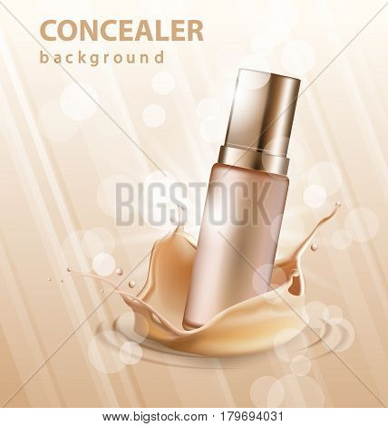 Concealer stick ads 3d illustration foundation product with liquid foundation texture splashes in the air. Vector illustration