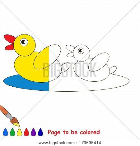 Two small yellow Ducks, the coloring book to educate preschool kids with easy gaming level, the kid educational game to color the colorless half by sample.