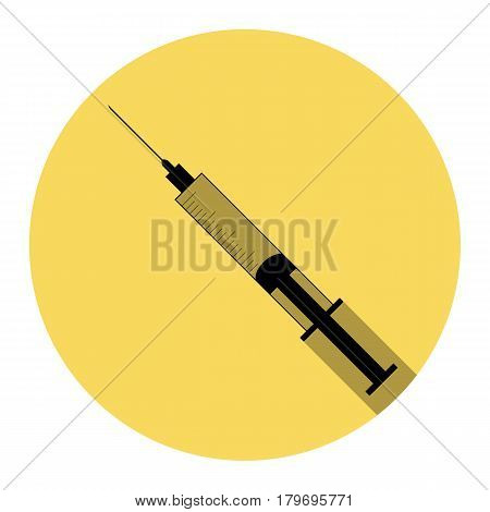 Syringe sign illustration. Vector. Flat black icon with flat shadow on royal yellow circle with white background. Isolated.