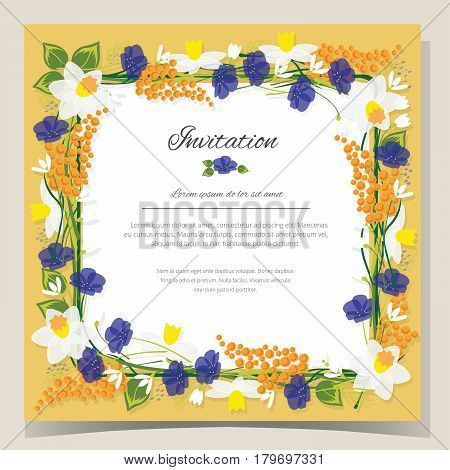 Frame Happy Birthday card. Frame Wedding invitation card with flowers. Vector illustration