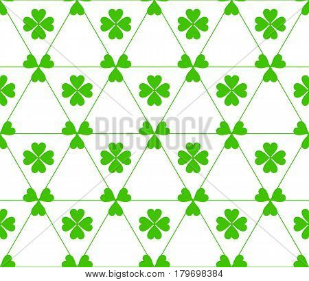 Seamless colored pattern. Print of green color clovers four and three leaves and lines of triangles on white background.