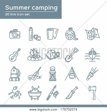 Summer camping 20 line icons set. Vector icon graphic for travel tourism Vacation: thermos, camera, flask, map, paper, guitar, campfire, tent, shovel, backpack, oar, flashlight, food, fire, fishing rod, axe, knife, BBQ, marshmallows