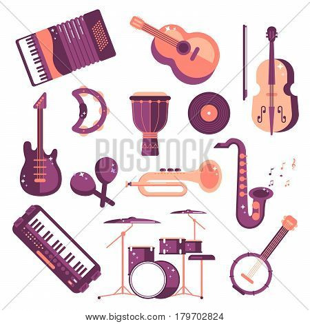 musical instruments cartoon vector set. synthesizer, djembe, drum, violin, saxophone, accordion, tambourine, maracas, trumpet, drive, bass guitar