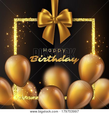 Realistic 3D glossy golden balloons with glitter frame and bow. Luxury happy birthday design. Vector illustration.