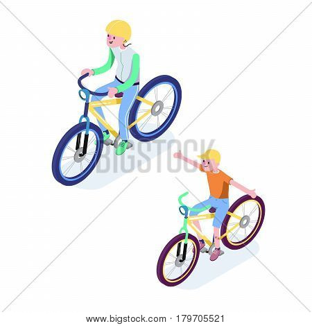 Isometric People. Isometric Bicycle isolated. Cyclist icon. 3D Flat isometric people set cyclist bicycle icons.