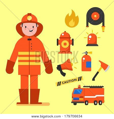 Fireman character design with fireman icons set. Fireman elements for info graphic. Vector illustration