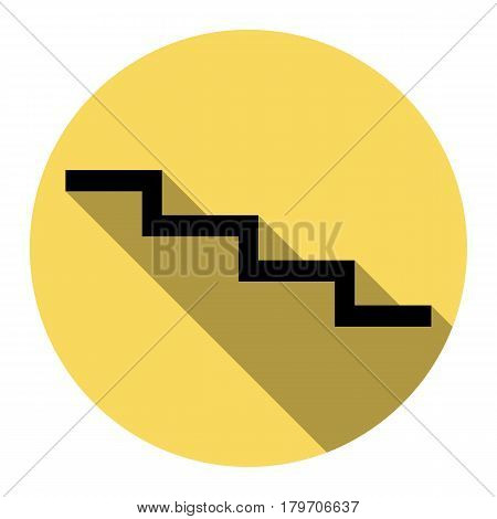 Stair down sign. Vector. Flat black icon with flat shadow on royal yellow circle with white background. Isolated.