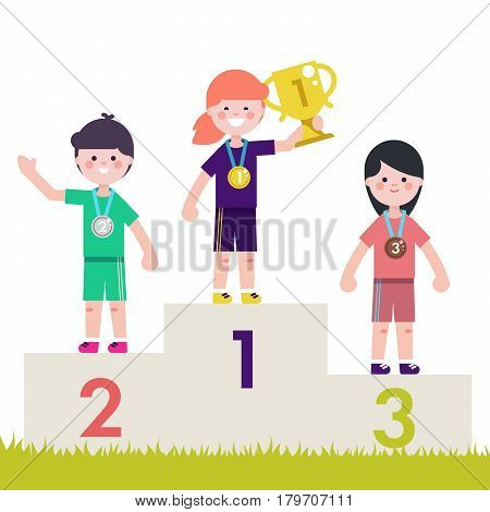 Sport kids on pedestal with trophy cup. Vector illustrationChildren on victory podium with medal.