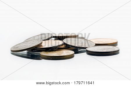A Handful Of 10-kopeek Russian Coins On White