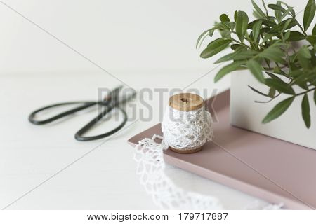 Elegant composition with pink tray and box for blogs and social media