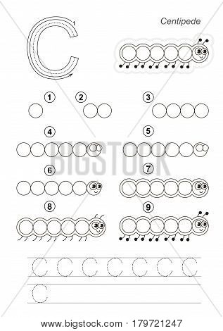 Vector illustrated alphabet with kid educational game to learn handwriting with easy gaming level for preschool kids, the drawing tutorial for letter C, the caterpillar.