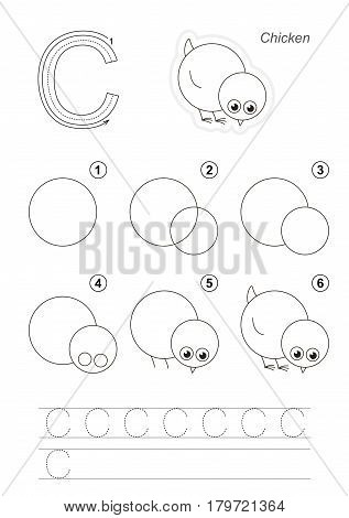 Vector illustrated alphabet with kid educational game to learn handwriting with easy gaming level for preschool kids, the drawing tutorial for letter C, the chicken.