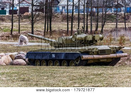 Belarus Krupki - 29.03.2017: T-80BV tank in the exposition to soldiers of internationalists