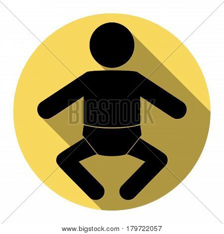 Baby sign illustration. Vector. Flat black icon with flat shadow on royal yellow circle with white background. Isolated.