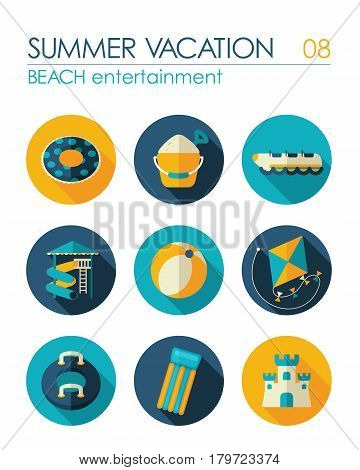 Beach entertainment vector flat icon set. Summer time. Vacation