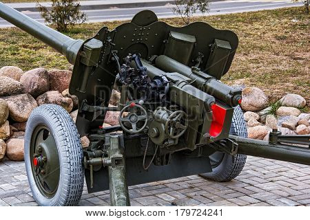 Belarus Krupki - 29.03.2017: The official part of the artillery anti-tank 85 mm gun D-44