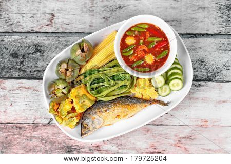 Spicy Shrimp Paste Dip ,nam Prik Kapi With Side Dish.