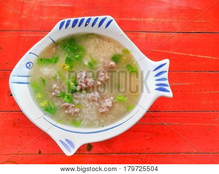 pork rice soup in a bowl for background