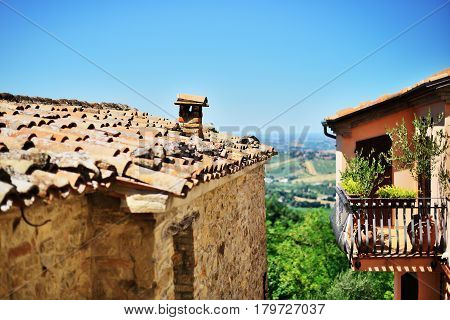 Montefiore Conca part of medieval tiling roof (near Rimini Monte Titano and San Marino) Emilia-Romagna Italy.