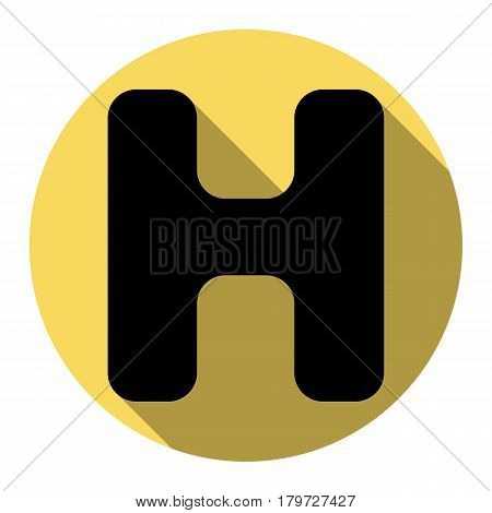 Letter H sign design template element. Vector. Flat black icon with flat shadow on royal yellow circle with white background. Isolated.