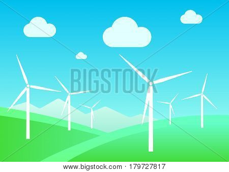 Landscape with windmills on field background and mountains