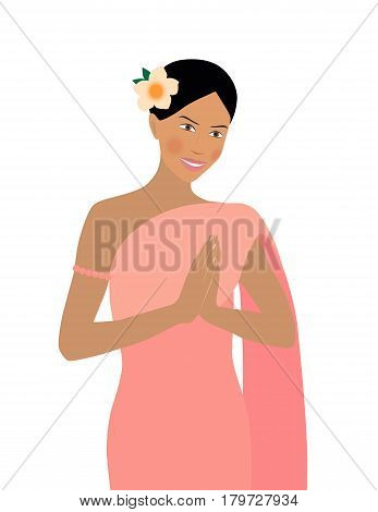Lovely Thai woman with flower welcomes and smiles