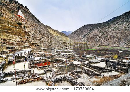 Marpha small town in Lower Mustang area Annapurna circuit trekking trail Nepal