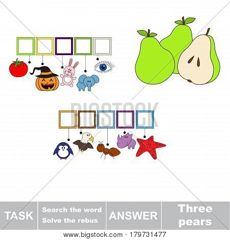 Educational puzzle game for kids. Find the hidden word Three Pears