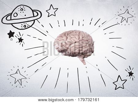 Digital composite of Pink brain with black space doodles against white wall