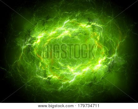 Green glowing plasma lightning in space computer generated abstract background 3D rendering