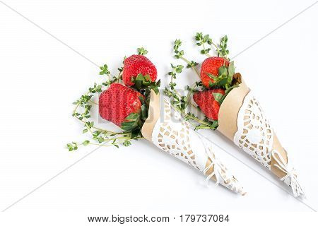 Elegant cones with strawberries and thyme. Original gift for birthday anniversary Valentine's Day Mother's Day