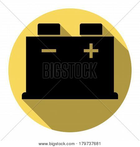 Car battery sign. Vector. Flat black icon with flat shadow on royal yellow circle with white background. Isolated.