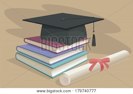 Black Graduation Cap, Mortarboard And Diploma Scroll, Made With Gradient Mesh