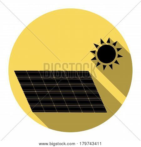 Solar energy panel. Eco trend concept sign. Vector. Flat black icon with flat shadow on royal yellow circle with white background. Isolated.