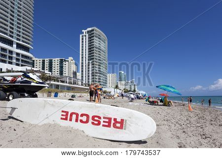 HALLANDALE BEACH USA - MAR 11 2017: Rescue lifeguard service at Hallandale Beach. Florida United States