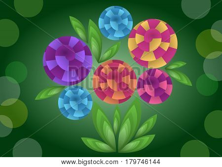 Cubist bouquet with colorful flowers 3d effect optical illusion decoration on dark green background nice spring or summer illustration vector EPS 10