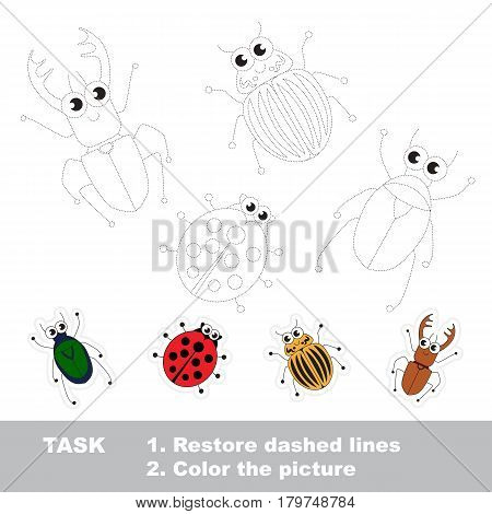 Tracing Chafer, Red Ladybag and Colorado Potato Bug, and Beetle. Cute different insects. Dot to dot educational game for kids.
