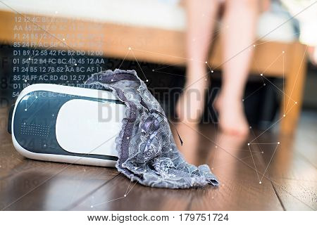 Virtual Sex Concept. Virtual Reality Glasses For Mobile Devices With Lingerie On Top, And Women Legs