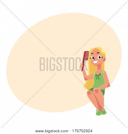 Little girl in nightgown and slippers combing her clean, long, fair hair, cartoon vector illustration with place for text. Girl combing hair, evening routine