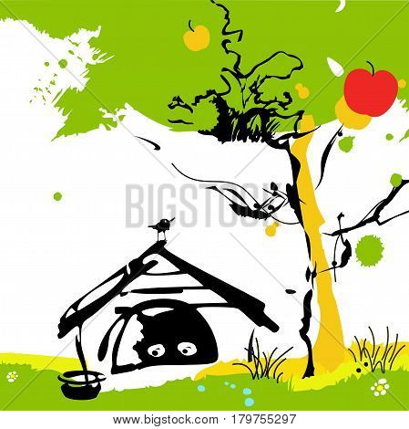 Illustration with a sad dog in doghouse.