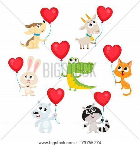 Cute and funny baby animals holding red heart shaped balloons, cartoon vector illustration isolated on white background. Cat, dog, goat, white bear, crocodile, rabbit, raccoon holding heart ballons