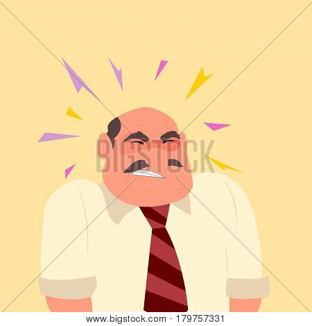 Man suffering headache and migraine in pain. Character design with migraine concept. Typographic for header design - vector illustration