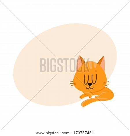 Cute and funny red cat character sleeping, dreaming sweetly, cartoon vector illustration with place for text. Cute and funny sleeping red cat character