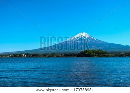 Fuji mountain and Kawaguchiko lake with blue sky Japan