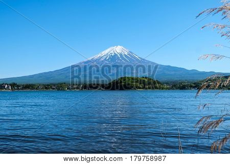 Fuji mountain and Kawaguchiko lake with blue sky Japan