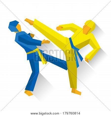 Two taekwondo fighters. Athlete isolated on white background with shadows. International sport games infographic. Martial arts competition - flat style vector clip art.