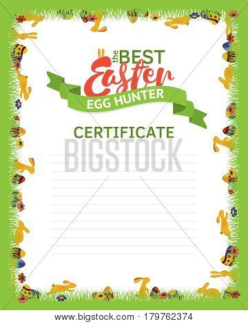 The best Easter egg hunter certificate template. A frame made of rabbits, eggs and flowers in the grass. Frame, for the award of a certificate, executed on an Easter theme